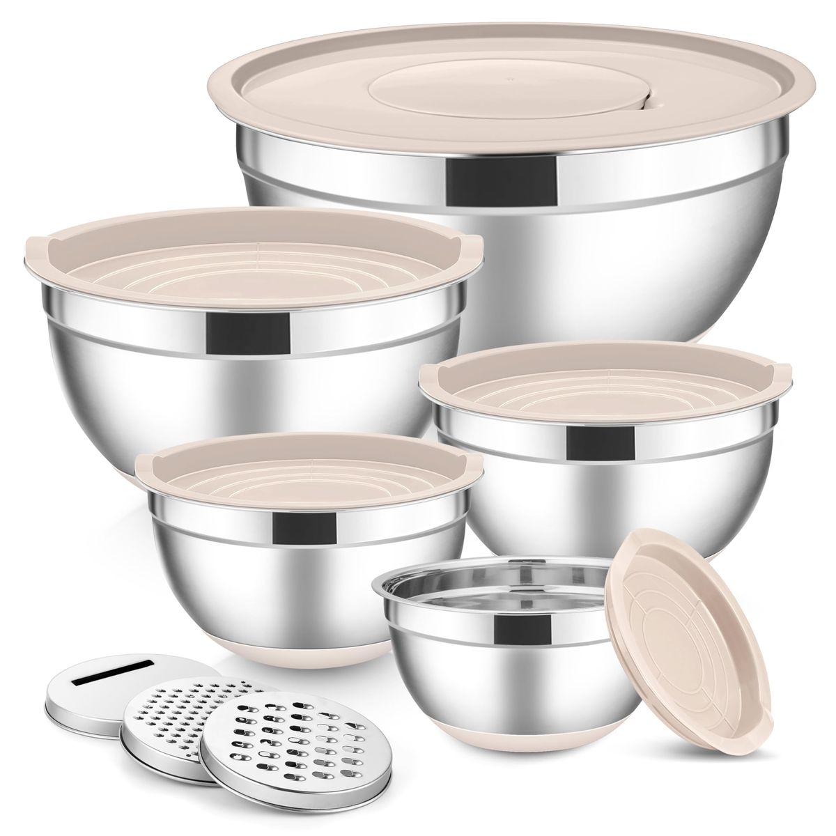 Stainless Mixing Bowl Set with Airtight Lids, Grater Attachments & Non-Slip Bottoms